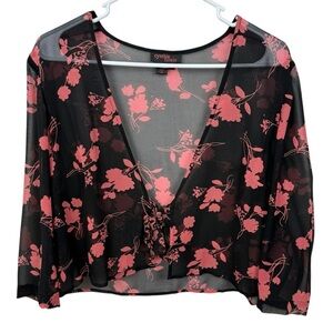 Cynthia Howie Sheer Black & Coral 100% Silk Floral Tie‑Front Crop Wrap